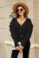 Cardigan duveteux à manches bouffantes et col en V